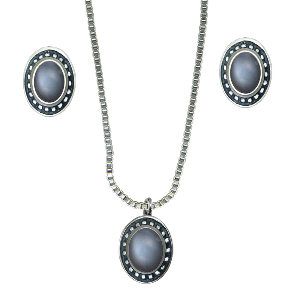 Sterling Silver Petite Necklace Earrings Set Grey Moonstone